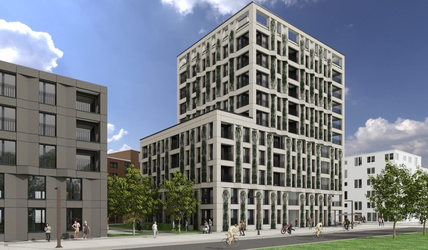 Moderne Architektur eines mehrstöckigen Gebäudes mit Fenstern und umliegenden Bäumen.