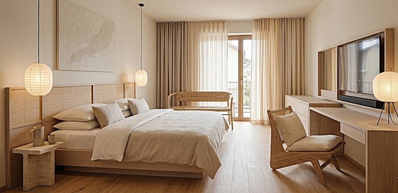 Helles, modernes Schlafzimmer mit Doppelbett, Schreibtisch und großen Fenstern.