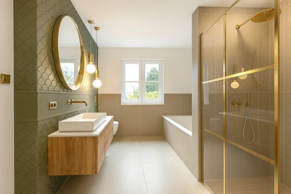 Helles, modernes Bad mit Holzwaschtisch, goldenen Armaturen und eleganter Duschkabine.