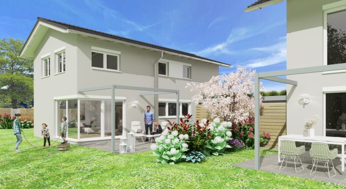 Modernes Haus mit Garten, Blumen und Familie, die Zeit im Freien verbringen.