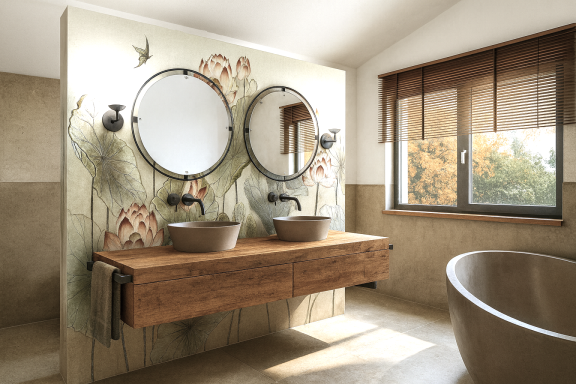 Moderne Badezimmer mit zwei runden Spiegeln, Waschbecken und einer freistehenden Badewanne.