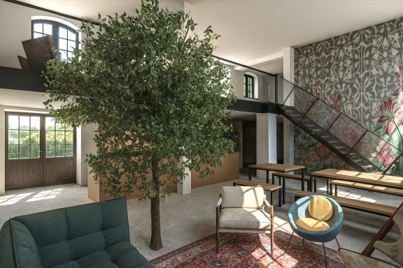 Modern Wohnraum mit Treppe, Pflanze und stilvoller Möbelanordnung.