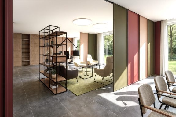 Moderne, helle Lounge mit Möbeln, Pflanzen und einem Bereich für Treffen.