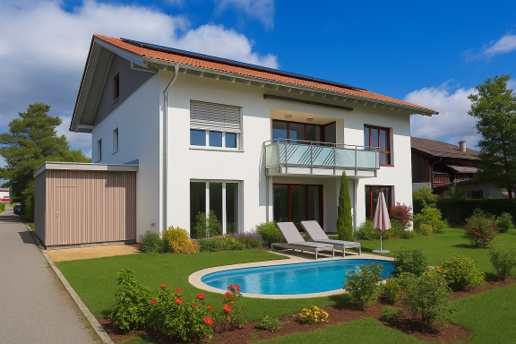 Moderne Villa mit Pool, Terrasse und gepflegtem Garten an einem sonnigen Tag.