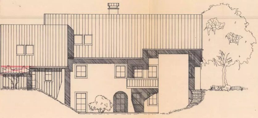 Schematische Darstellung eines Hauses mit mehreren Etagen und einem Baum im Hintergrund.