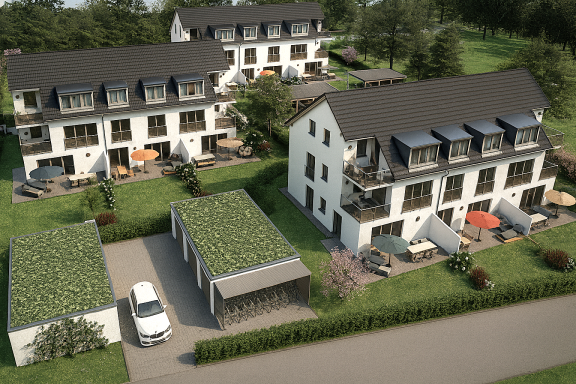 Modern Wohnanlage mit mehreren Häusern, Garagen und Grünflächen.