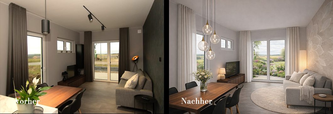 Helles Wohnzimmer mit großen Fenstern, moderner Möbelgestaltung und Blick auf den Garten. Vorher-Nachher