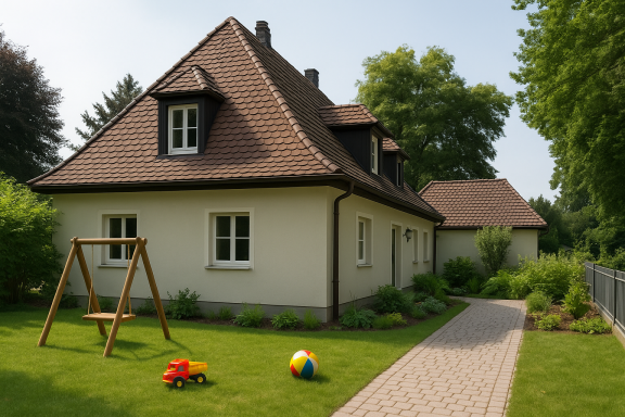 Ein zweigeschossiges Haus mit Garten, Schaukel und Spielzeugball auf der Wiese.
