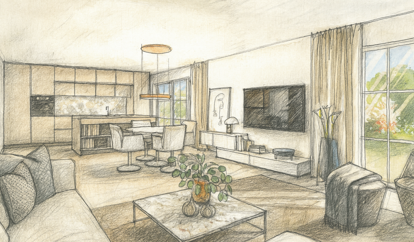 HellerEmpfangsbereich mit großen Fenstern, moderner Möbelgestaltung und Blick auf den Garten.