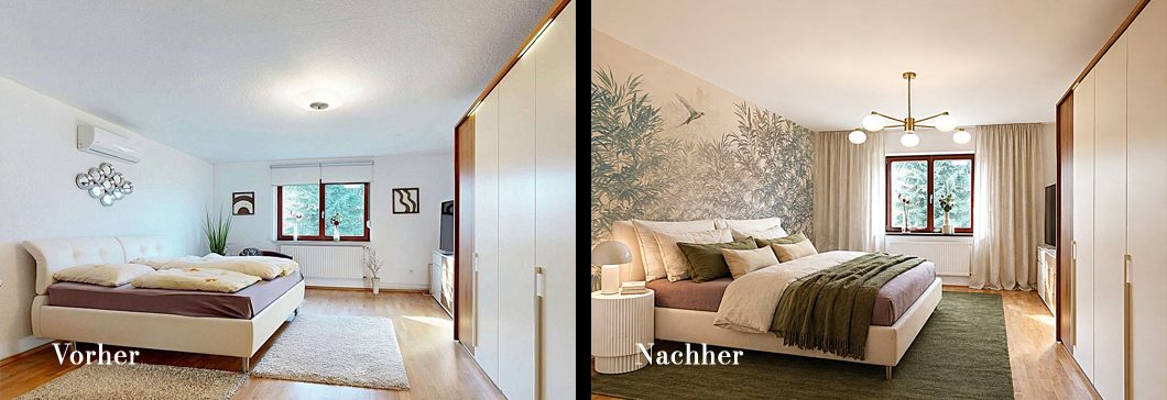 Zwei Schlafzimmer: links modern und hell, rechts gemütlich mit dekorativer Wandtapete.