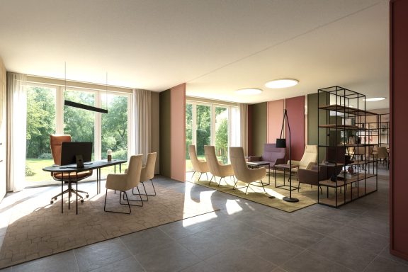 Helles modernes Büro mit großen Fenstern, Konferenztisch und gemütlicher Leseecke.