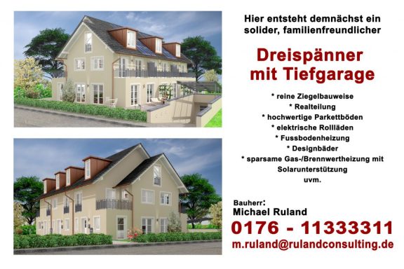 Bautafel Moderne Wohngebäude mit Tiefgarage und ansprechender Fassade. Kontaktinformationen angegeben.