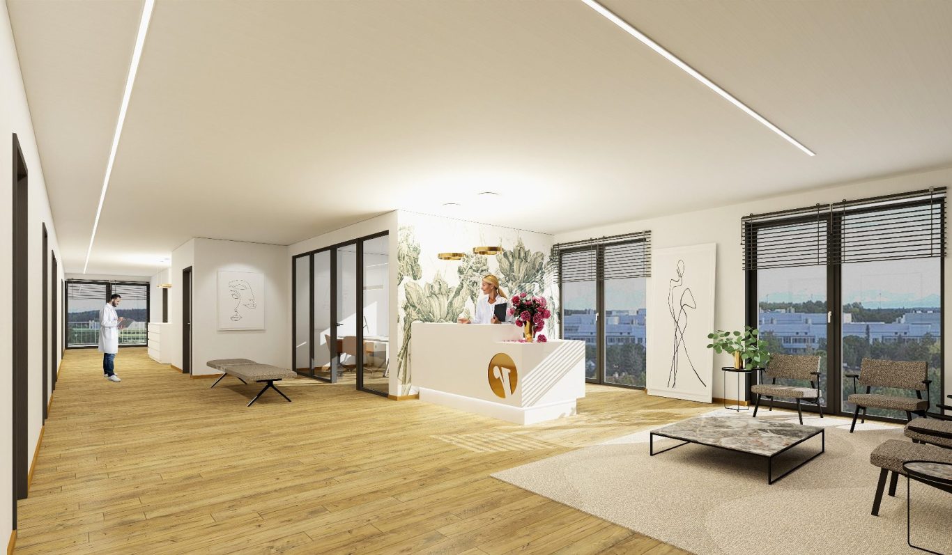 HellerEmpfangsbereich mit großen Fenstern, moderner Möbelgestaltung und Blick auf den Garten.