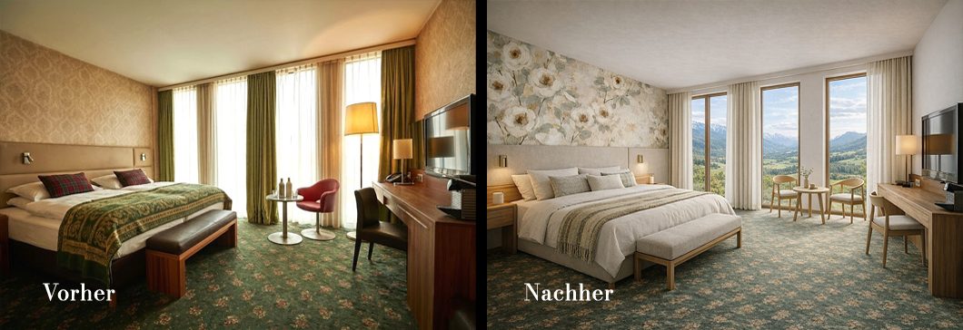 Zwei Hotelzimmer, Vorher bieder und verwohnt, Nachher modern und hell mit Ausblick.